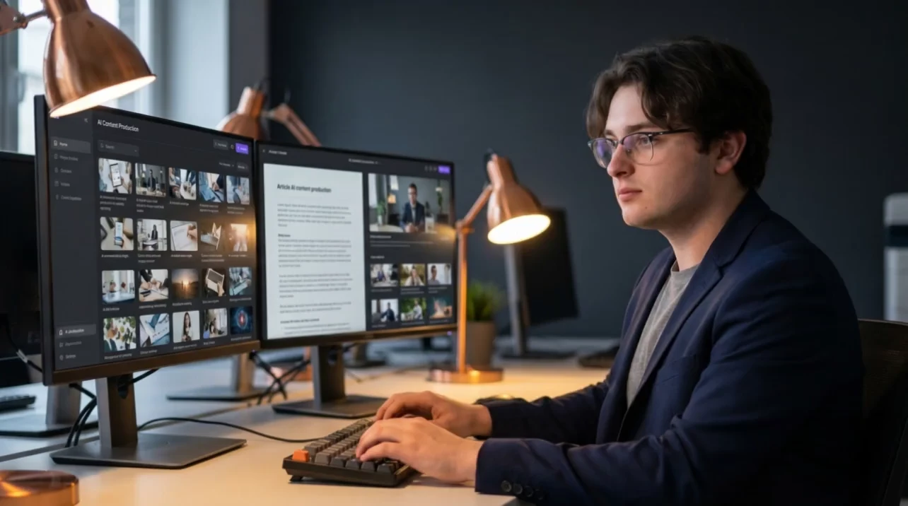 Тихон Цветков, AI-контент-инженер Digital-Pro Tech, настраивает конвейер генерации контента на двух мониторах