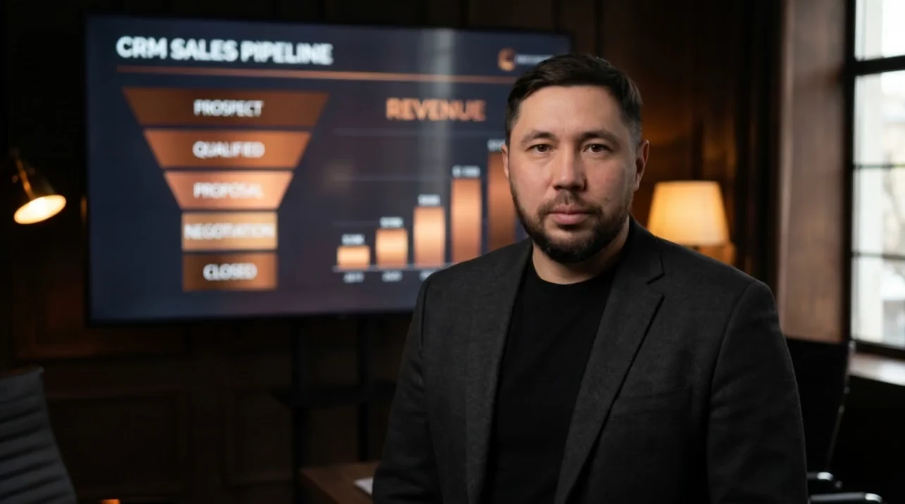 Денис Варламов, руководитель внедрений Digital-Pro Tech, у экрана с CRM-воронкой продаж модуля AI-SALES